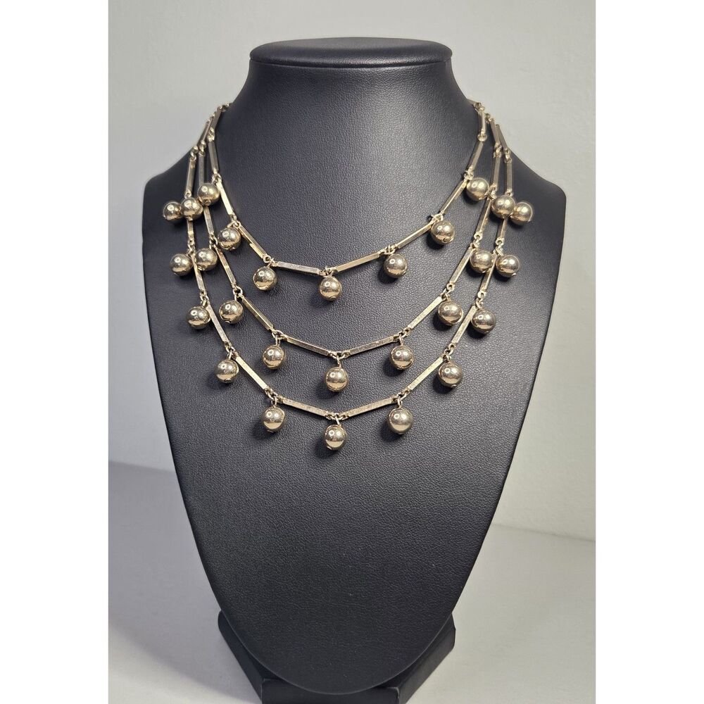 Gold Tone Beads on Bar Chain Triple Strand Vintage